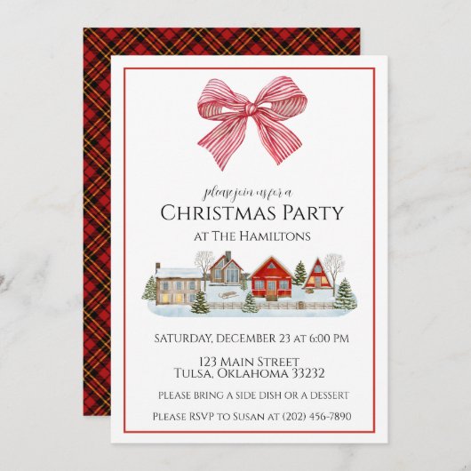 クリスマスパーティーコージーキャビン&ボウ招待状 招待状 (正面/裏面)