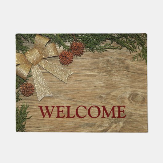クリスマスパーティーゴールデング葉リーンレッド ドアマット (正面)