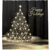 クリスマスパーティーゴールデンシャイニーツリーウィンターブラック シャワーカーテン (正面)