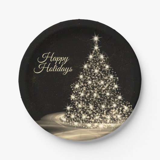 クリスマスパーティーゴールデンシャイニーツリーウィンターブラック ペーパープレート (正面)