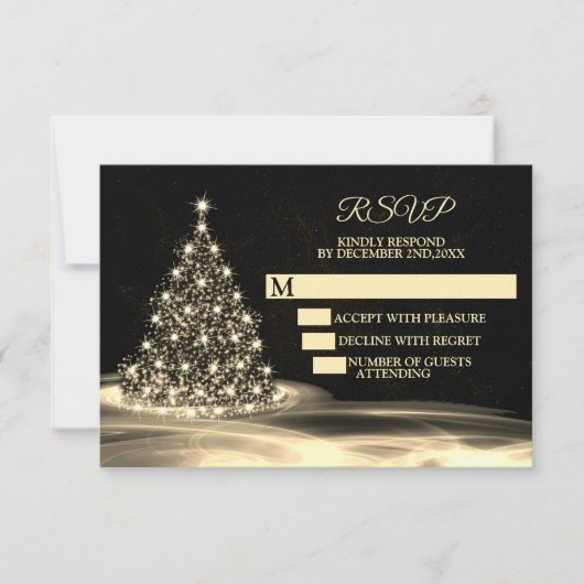 クリスマスパーティーゴールデンシャイニーツリーウィンターブラック 出欠カード (正面)