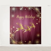 クリスマスパーティーゴールデントナカイ赤エレガントピンク タペストリー (正面)