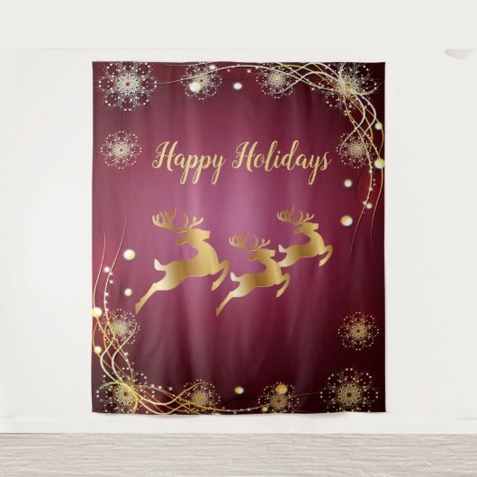 クリスマスパーティーゴールデントナカイ赤エレガントピンク タペストリー (正面)