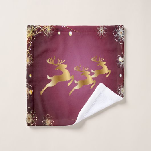 クリスマスパーティーゴールデントナカイ赤エレガントピンク バスタオルセット (ウォッシュタオル)