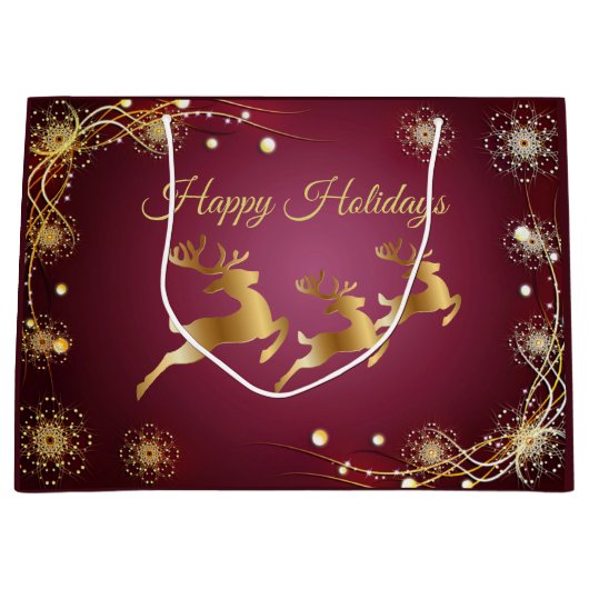 クリスマスパーティーゴールデントナカイ赤エレガントピンク ラージペーパーバッグ (正面)