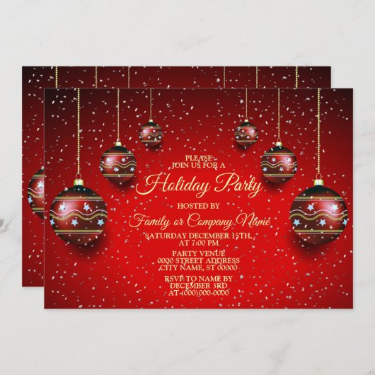 クリスマスパーティーゴールデンレッドウィンターホリデーズエレガント 招待状 (正面/裏面)