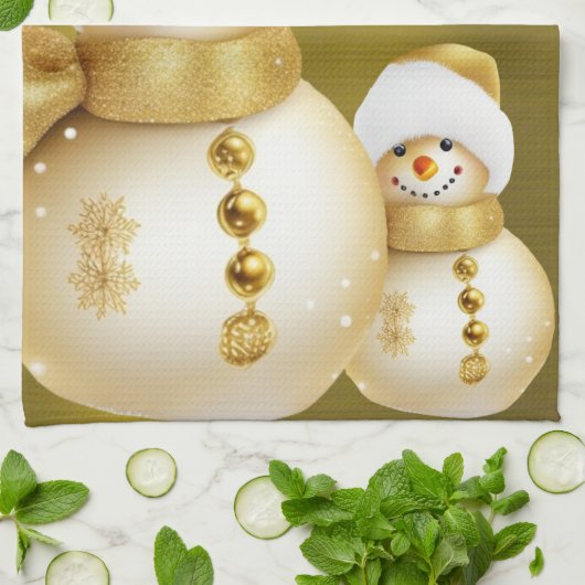 クリスマスパーティーゴールデン雪だるまウィンターホリデーズ キッチンタオル (折り畳み)