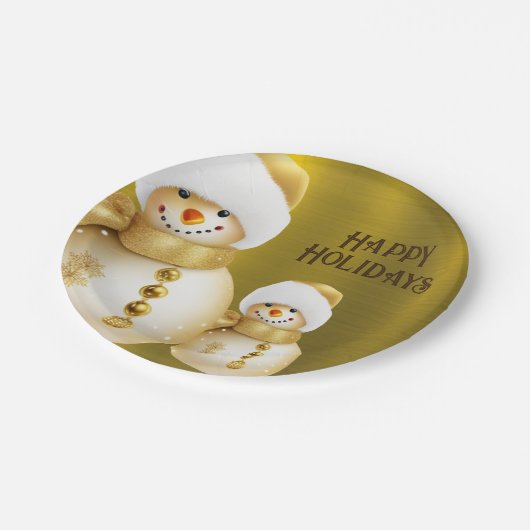 クリスマスパーティーゴールデン雪だるまウィンターホリデー ペーパープレート (アングル)