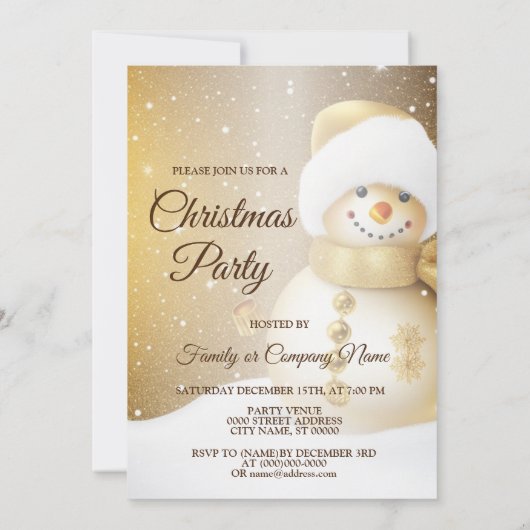 クリスマスパーティーゴールデン雪だるまスノーフレークスホリデーズ 招待状 (裏面)