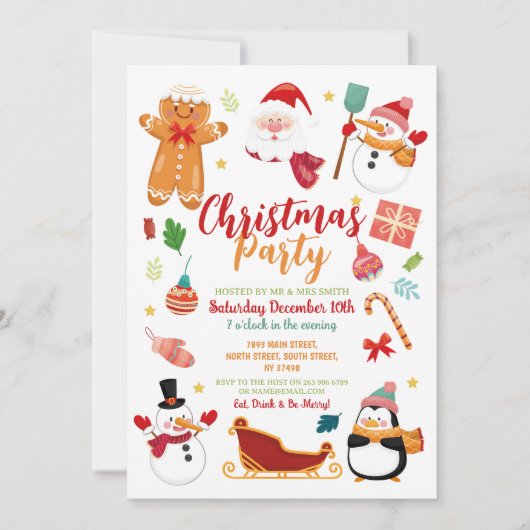 クリスマスパーティーサンタギンガーブレッド雪だるまおもしろい 招待状 (正面)
