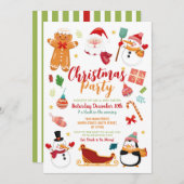 クリスマスパーティーサンタギンガーブレッド雪だるまおもしろい 招待状 (正面/裏面)