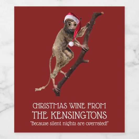 クリスマスパーティーサンタハットの大きな目のキツネザル ワインラベル (シングルラベル)