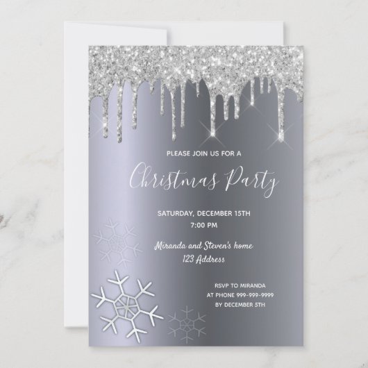 クリスマスパーティーシルバーグリッターは雪片を乾燥させる 招待状 (正面)