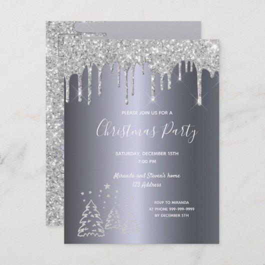 クリスマスパーティーシルバーグリッターツリーへの招待 ポストカード (正面/裏面)