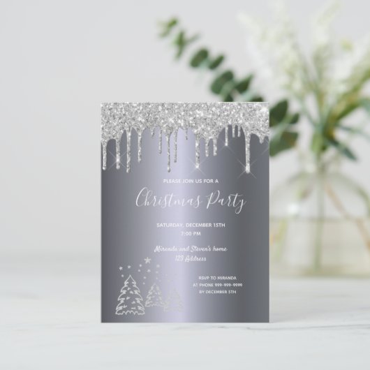 クリスマスパーティーシルバーグリッターツリーへの招待 ポストカード (スタンド正面)