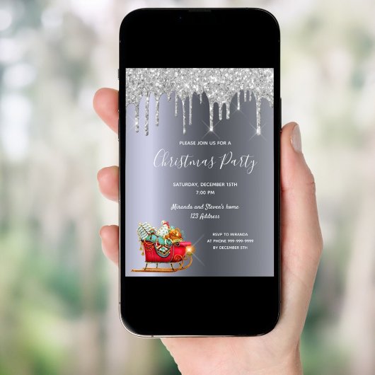 クリスマスパーティーシルバーグリッタードリップスリーサンタ 招待状