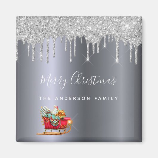 クリスマスパーティーシルバーグリッター赤そりの好意 マグネット (正面)