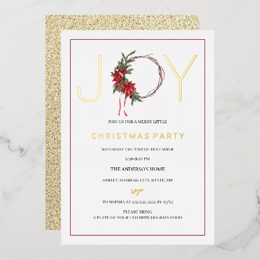 クリスマスパーティージョイレッドブロイスリース 箔招待状 (正面/裏面)
