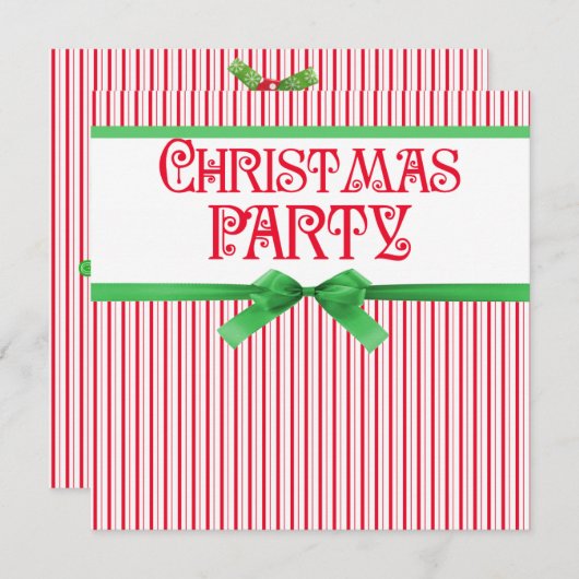 クリスマスパーティーストライプのクラシックスクエアリボンルック 招待状 (正面/裏面)