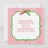クリスマスパーティーストライプのクラシックスクエアリボンルック 招待状 (裏面)