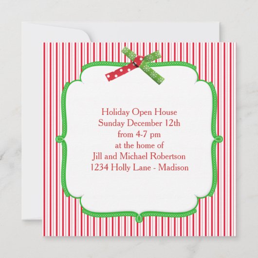 クリスマスパーティーストライプのクラシックスクエアリボンルック 招待状 (裏面)