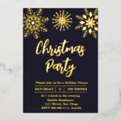 クリスマスパーティースノーフレーク金ゴールドブルーモダン 箔招待状 (正面)