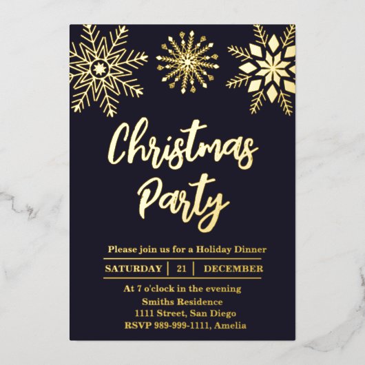クリスマスパーティースノーフレーク金ゴールドブルーモダン 箔招待状 (正面)