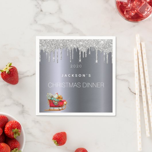 クリスマスパーティーディナー銀グリッターのそりの名前 スタンダードカクテルナプキン (インサイチュ)