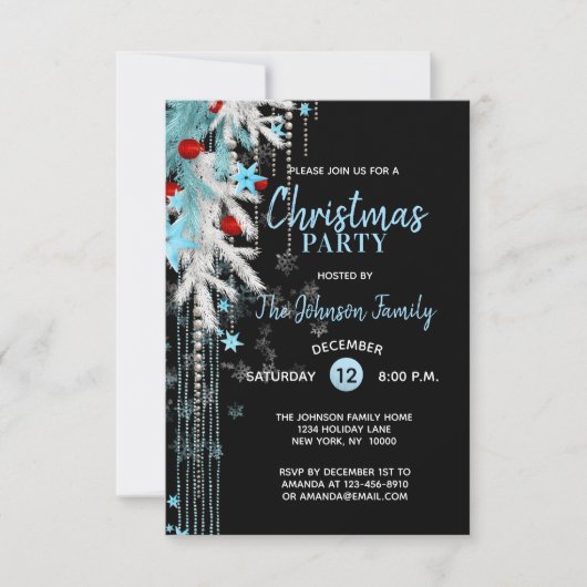 クリスマスパーティーデコールブルーシルバーブラックスノーフレーク 招待状 (正面)