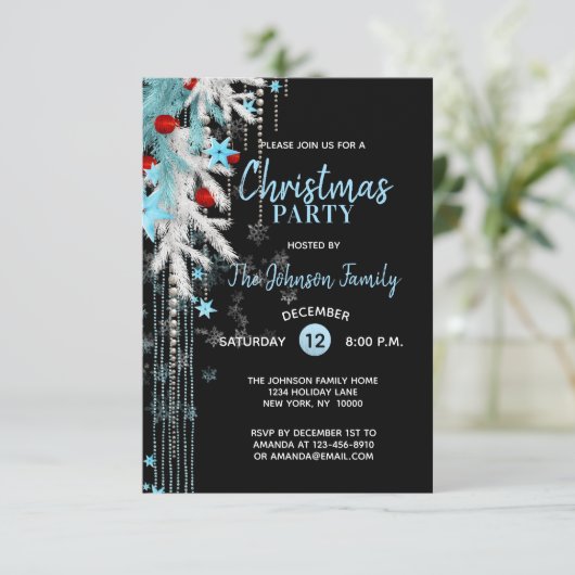 クリスマスパーティーデコールブルーシルバーブラックスノーフレーク 招待状 (スタンド正面)