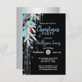 クリスマスパーティーデコールブルーシルバーブラックスノーフレーク 招待状 (正面/裏面)