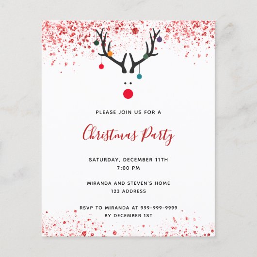 クリスマスパーティートナカイ赤グリッター招待 (正面)