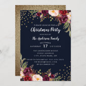 クリスマスパーティーネイビーブルゴーニュ金ゴールドフローラ招待状 招待状 (正面/裏面)