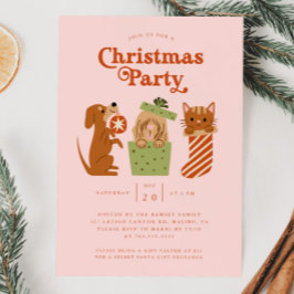 クリスマスパーティーネコ犬ピンク 招待状