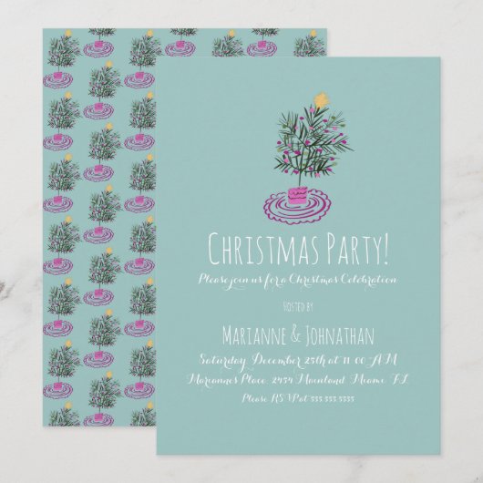 クリスマスパーティーハンドドロドクリスマスツリードードル 招待状 (正面/裏面)