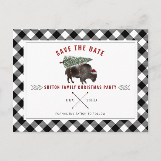 クリスマスパーティーバッファローサンタプレイド日付を保存 シーズンポストカード (正面)