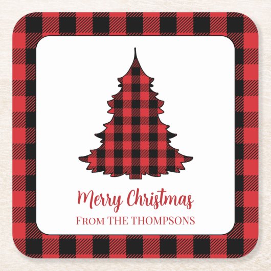 クリスマスパーティーバッファローチェックカスタム スクエアペーパーコースター (正面)