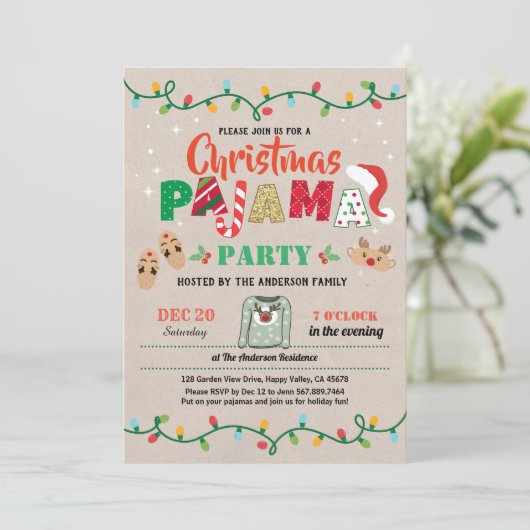 クリスマスパーティーパジャマの祝祭パーティーの大人 招待状 (スタンド正面)