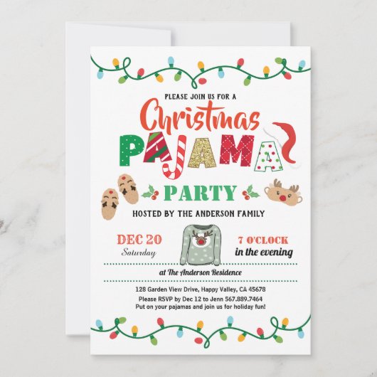 クリスマスパーティーパジャマの祝祭パーティーの大人 招待状 (正面)