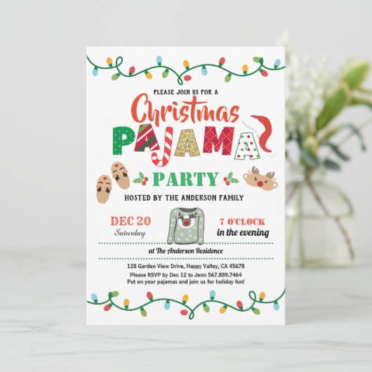 クリスマスパーティーパジャマの祝祭パーティーの大人 招待状 (スタンド正面)