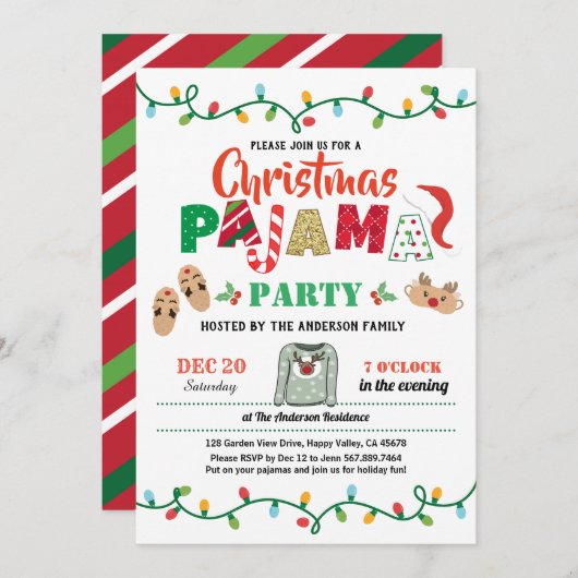 クリスマスパーティーパジャマの祝祭パーティーの大人 招待状 (正面/裏面)