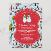 クリスマスパーティービレッジ雪だるまカップルスケートレッド 招待状 (正面/裏面)