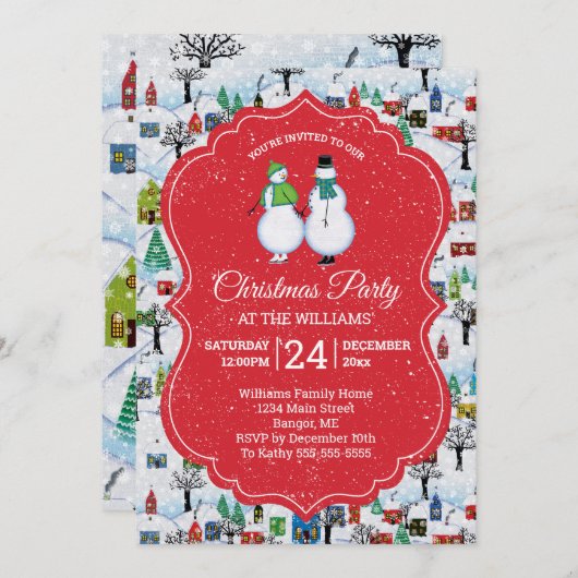 クリスマスパーティービレッジ雪だるまカップルスケートレッド 招待状 (正面/裏面)