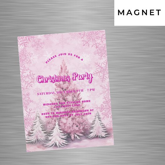 クリスマスパーティーピンクの木の雪の結晶ラグジュアリー マグネット招待状