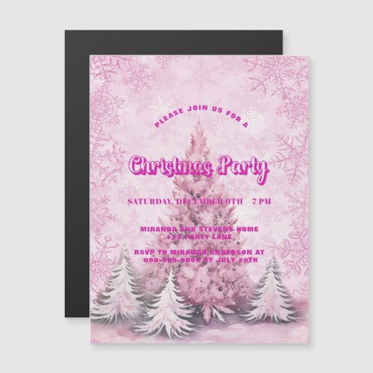 クリスマスパーティーピンクの木の雪の結晶ラグジュアリー マグネット招待状 (正面/裏面)