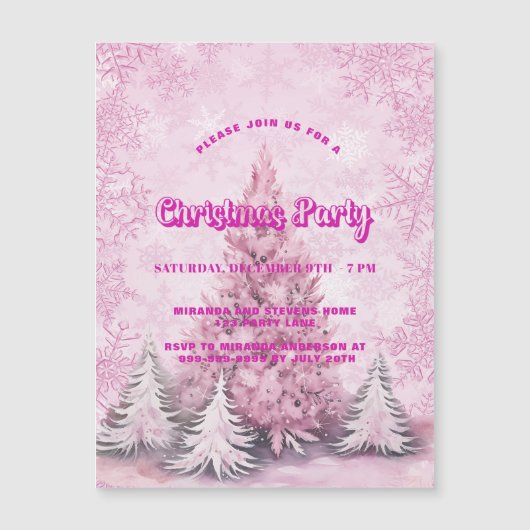クリスマスパーティーピンクの木の雪の結晶ラグジュアリー マグネット招待状 (正面)