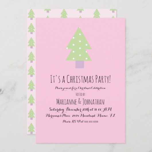 クリスマスパーティーピンクパステルツリー 招待状 (正面/裏面)