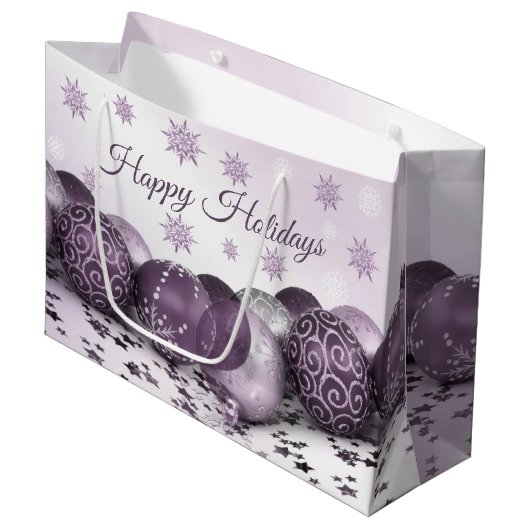 クリスマスパーティーピンクパープルオーナメント雪片 ラージペーパーバッグ (正面アングル)