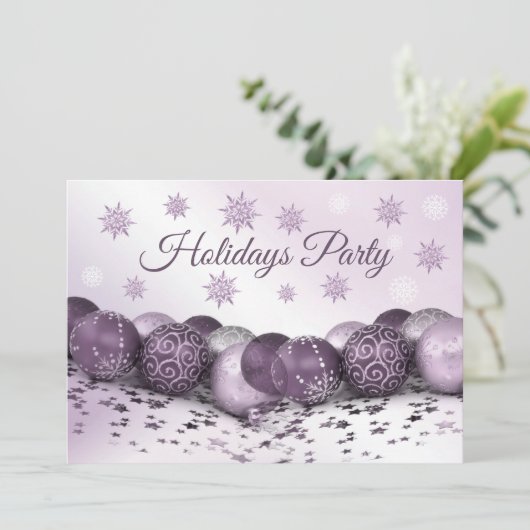 クリスマスパーティーピンクパープルオーナメント雪片 招待状 (スタンド正面)