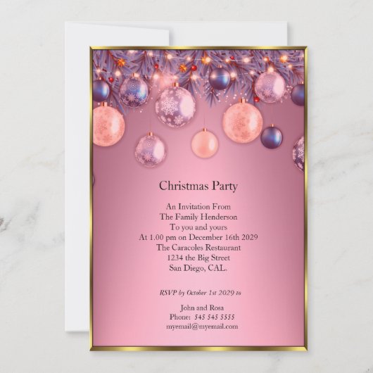 クリスマスパーティーピンクボーブル招待 招待状 (正面)